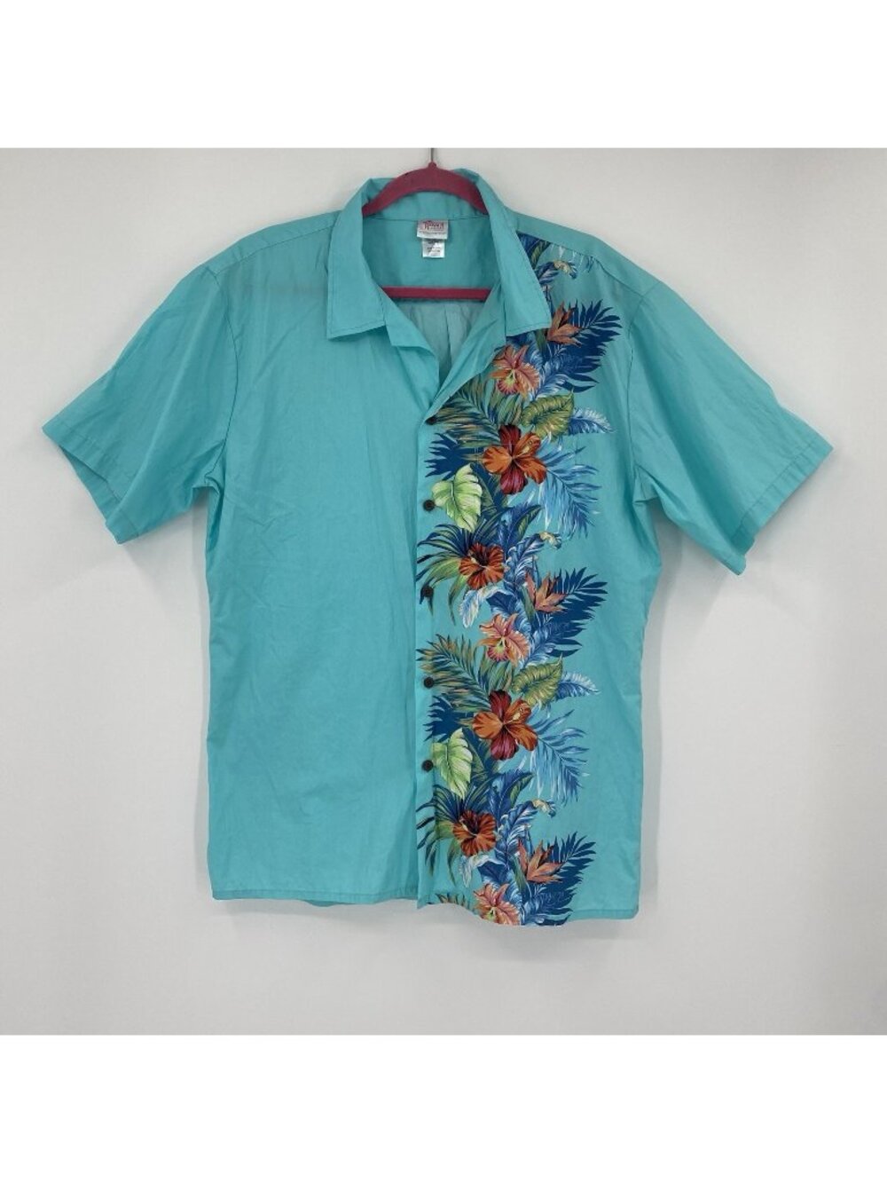 Hawaiian Shirt Mens Large Tropical Floral Blue Aloha Short Sleeve Button Up